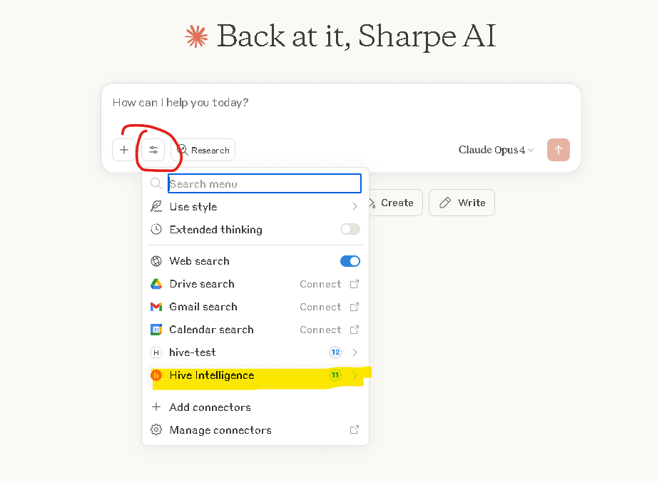 Accessing Hive Intelligence connector settings