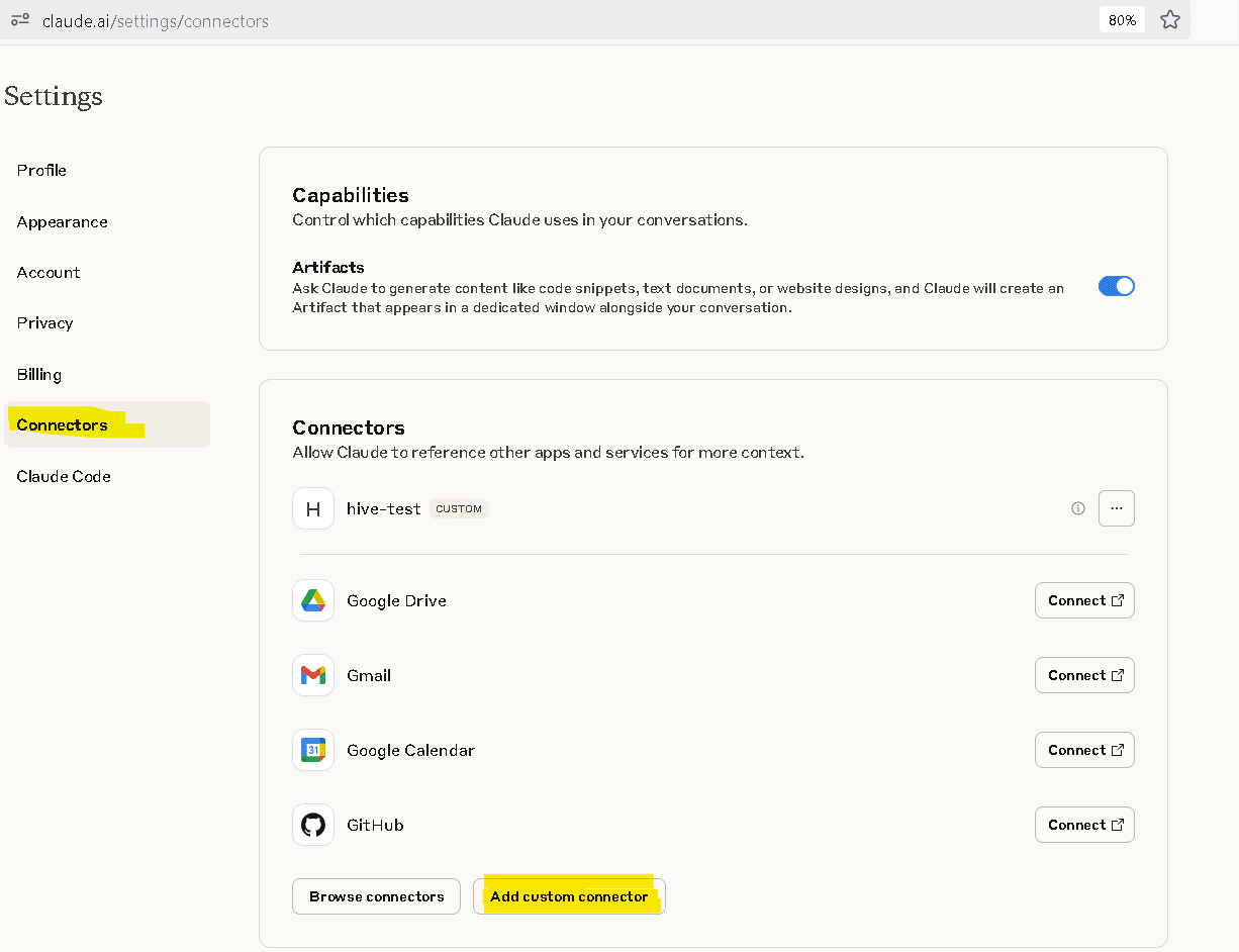 Add Custom Connector button in Claude